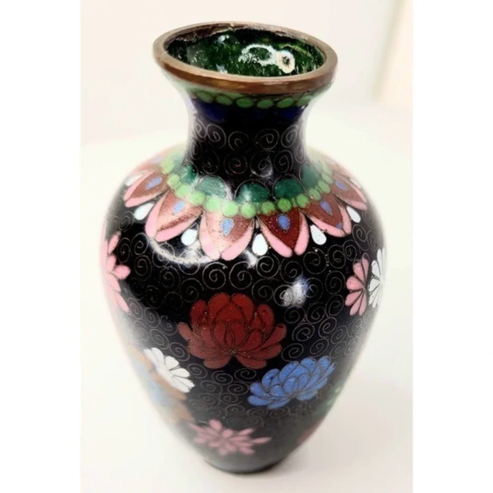 Antique Chinese Black Pink Green Floral‎ Peony Cloisonné Vase